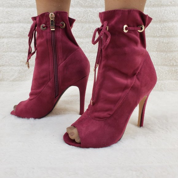 Burgundy Wine Red Drawstring Open Toe High Heel Ankle Boots - Picture 8 of 10